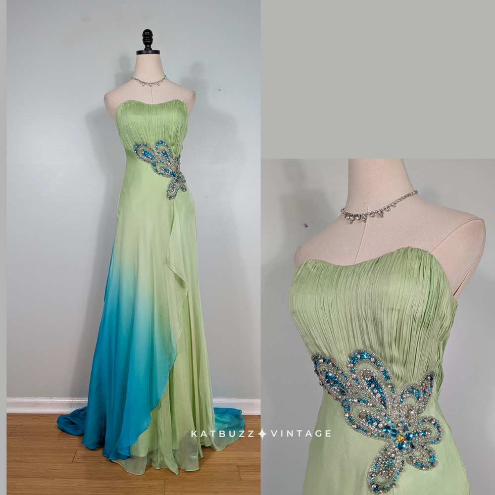 Vintage Silk Prom Dress Maxi Gown 6 Green Blue Fairy Ombre Y2K Strapless Guest